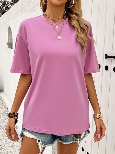 Women's Letter Print Round Neck Solid Short Sleeve T-shirt H8R7YBF9Y8