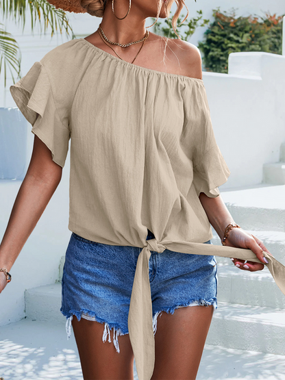 Lace Up Crew Neck Blouse With Ruffles HFBMRZC6R3