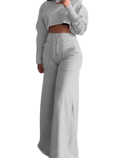 Women's Cropped Long Sleeve Top and Wide Leg Pants 2-Pc Set