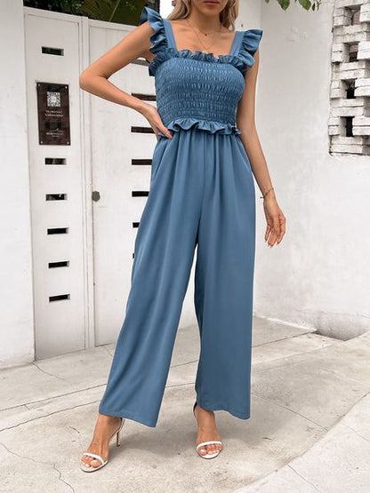 Women‘s Square Neck Ruffled Straps Smocked Wide-Leg Jumpsuit  H5KUK9FHY7