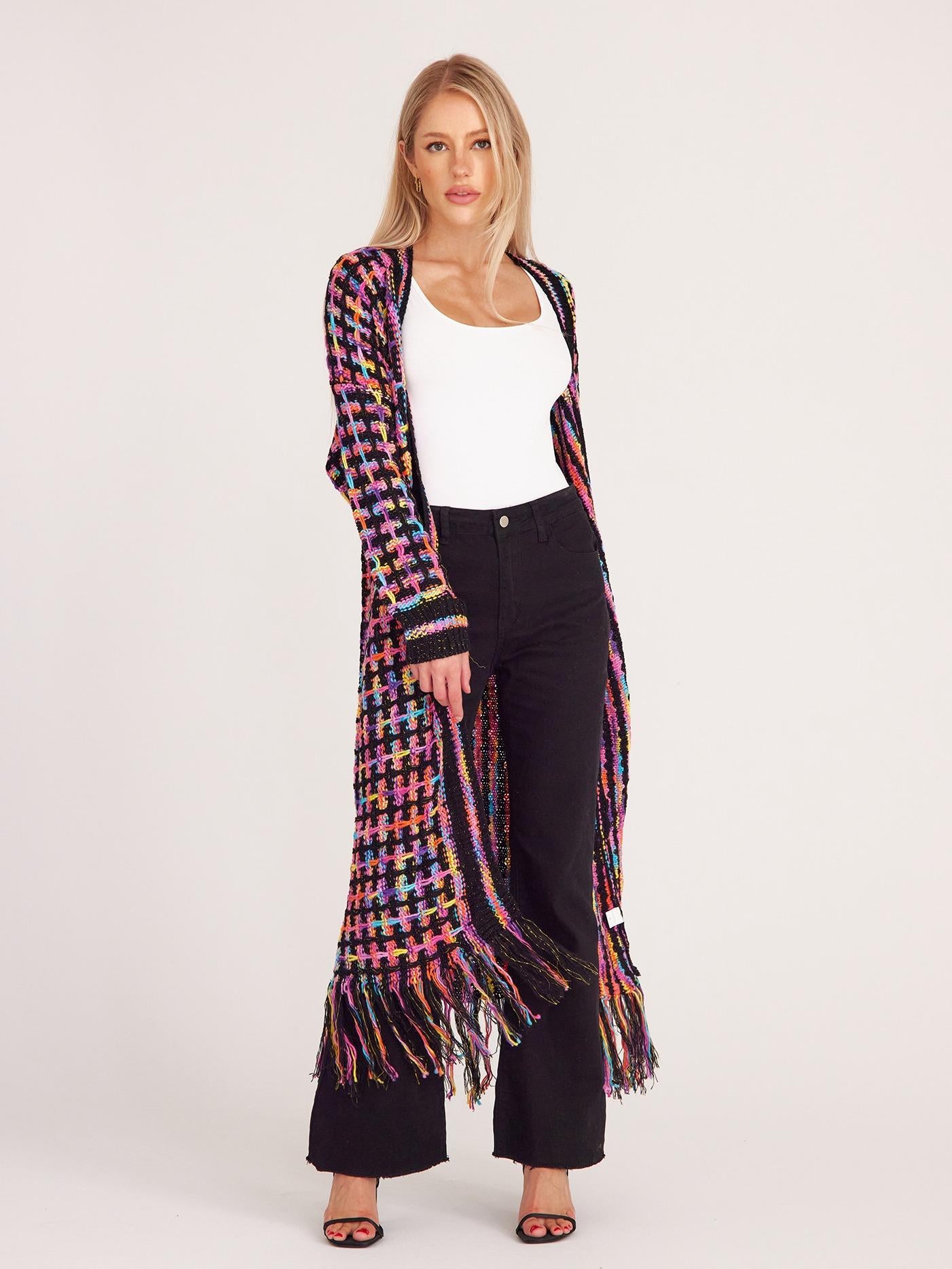 Women's Knitted Fringed Womens Boho Open Front Long Cardigan Duster