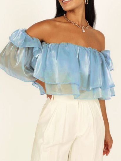 Women's Off Shoulder Double Layer Ruffle Trim Crop Top HUBDBMHSHB