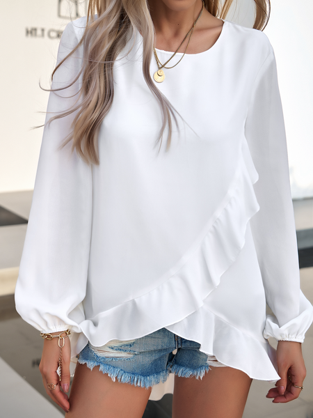 Women's Ruffle Trim Wrap Front Lantern Sleeve Blouse Loose Tunic Top HTLCKDMAX6