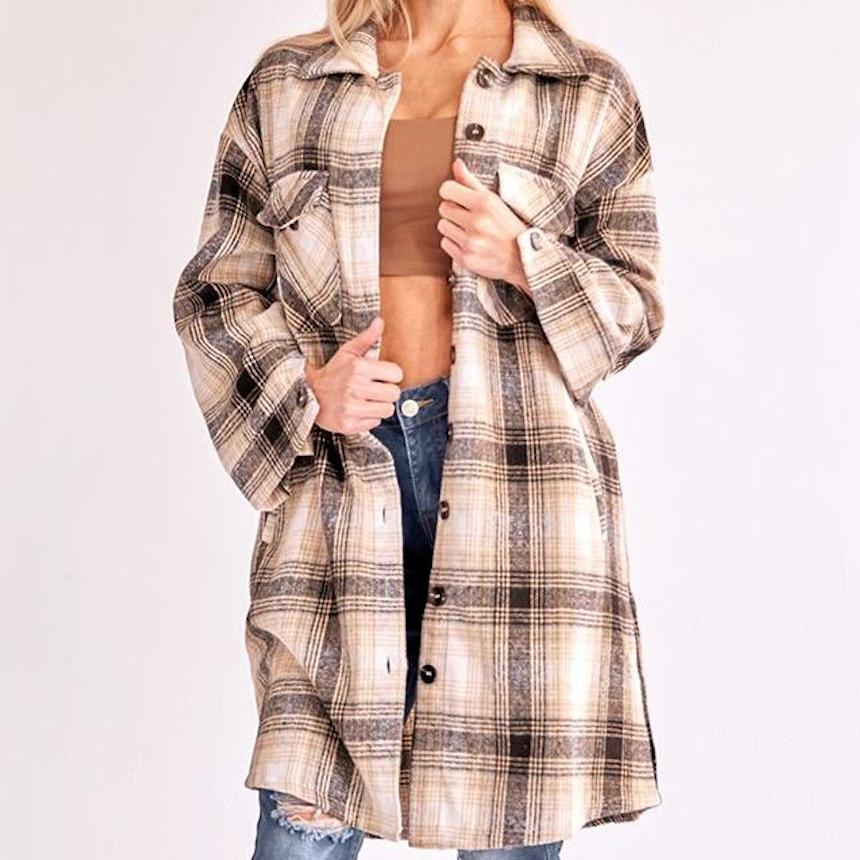 Women's Retro Plaid Long Cardigan Shirt Jacket Coats for Women