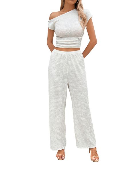 Women's Two Piece Set One-Shoulder Crop Top and Wide Leg Pants H5MS5W6CKU