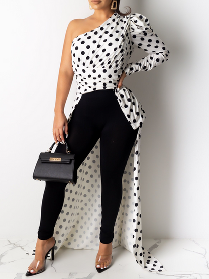 Slant-Shoulders Polka-Dot Long Top H9ZVV56MFK