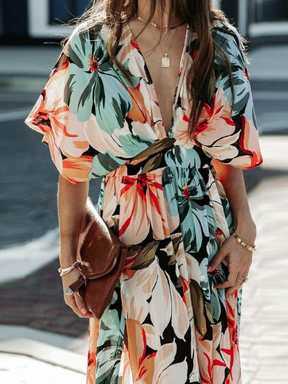 Floral Print V-neck High Slit Half Sleeve Shirred Maxi Dress HEDRPPCRC9