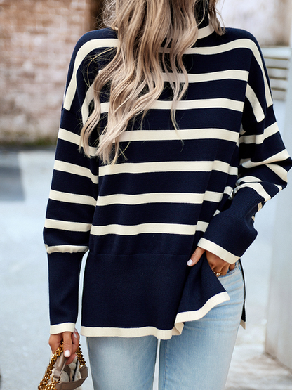 Women's Striped Turtleneck Side-slit Sweater