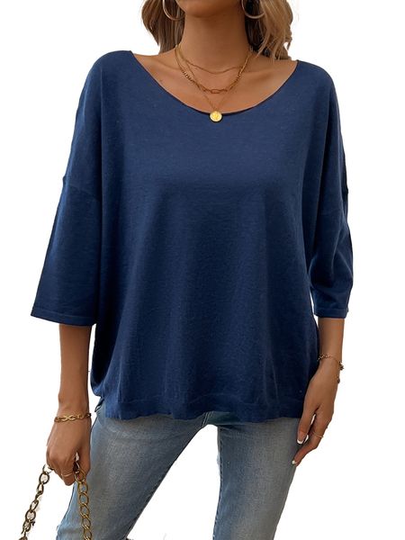 Women's Solid Color Dropped- shoulder Casual Top 3/4 Sleeve Crew Neck Knitted Top HWVK7LL7H2