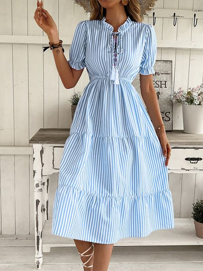 Women's Striped Dress Puff Short Sleeve Ruffle Hem Midi Dress Summer  Dress  
 HWHA6857U7