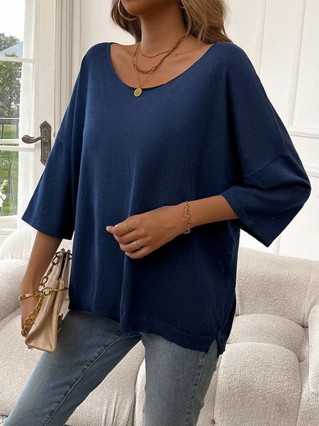 Women's Solid Color Dropped- shoulder Casual Top 3/4 Sleeve Crew Neck Knitted Top HWVK7LL7H2