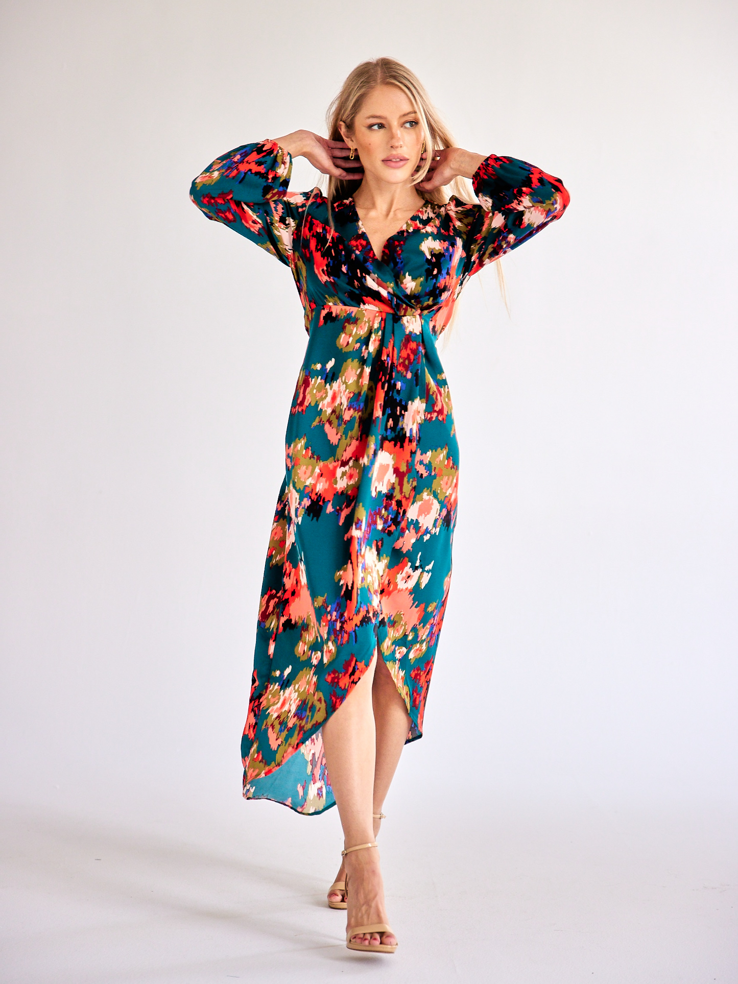 Printed V-neck Lantern Sleeve Wrap Dress