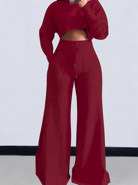 Women's Cropped Long Sleeve Top and Wide Leg Pants 2-Pc Set