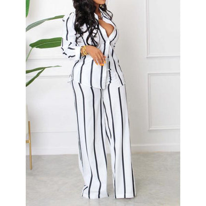 Striped Printed Long-Sleeved Shirt And Trousers Two-Piece Set