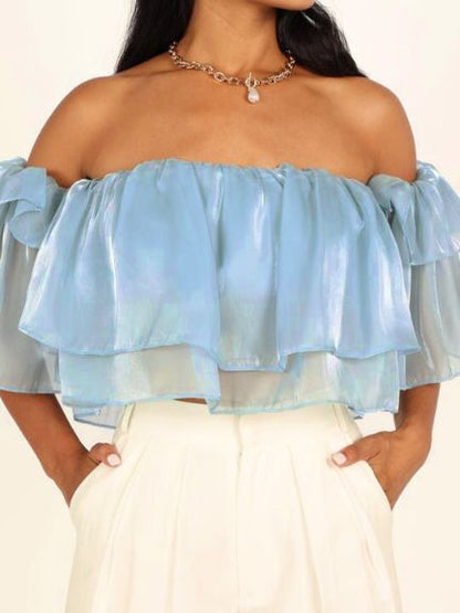 Women's Off Shoulder Double Layer Ruffle Trim Crop Top HUBDBMHSHB