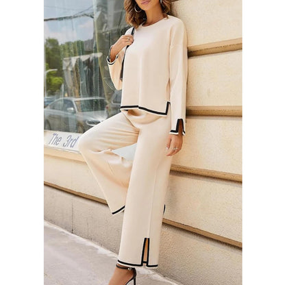 Women's Knitted Long Sleeved Pullover Top and Wide Leg Pants Two Piece Set