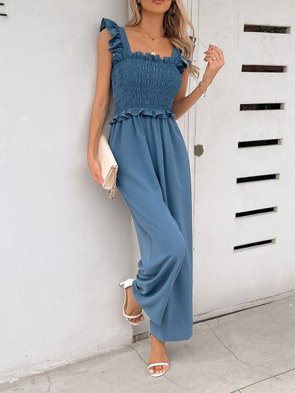 Women‘s Square Neck Ruffled Straps Smocked Wide-Leg Jumpsuit  H5KUK9FHY7