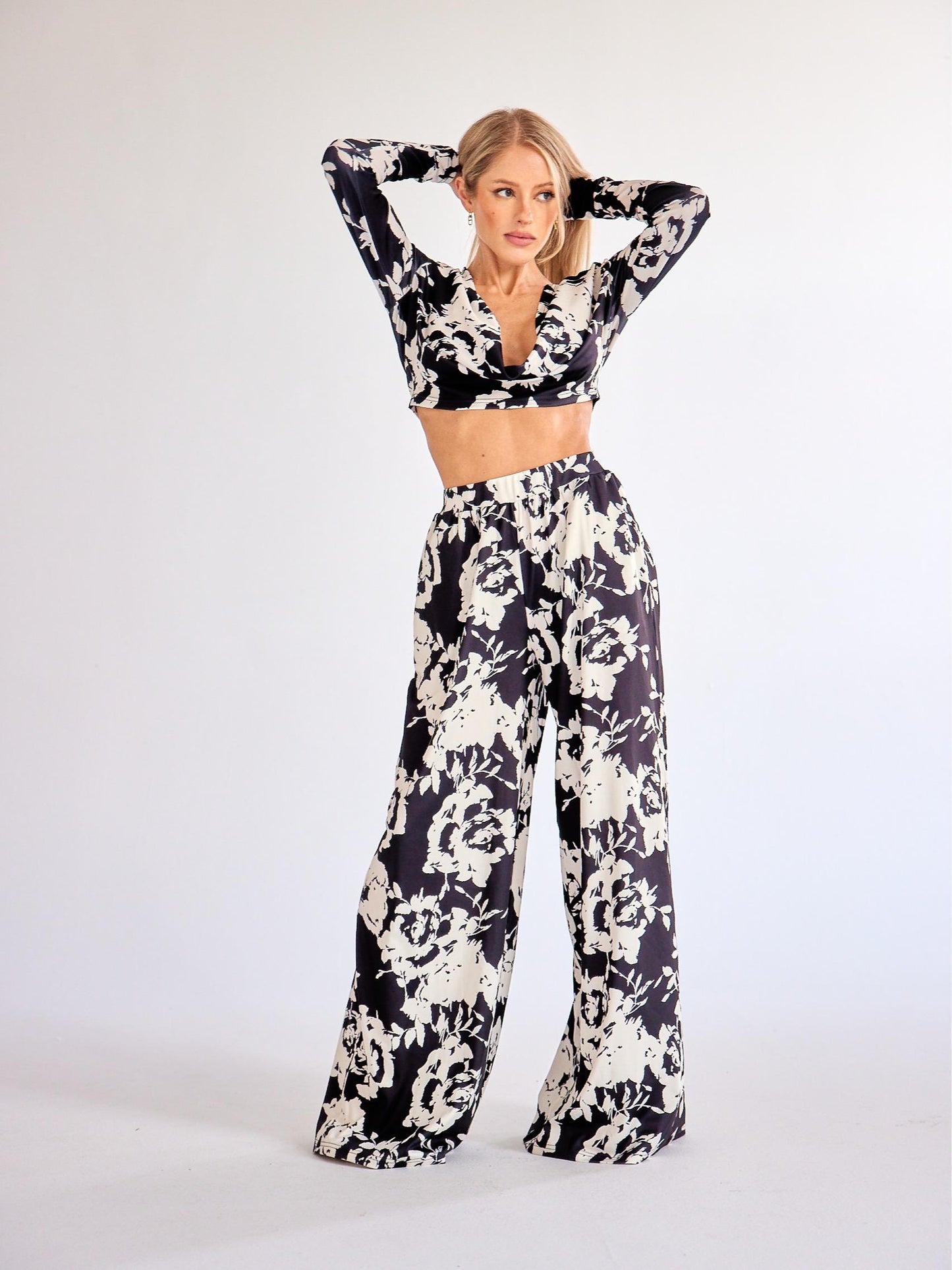 Spring 2024 new Long-Sleeved deep V color Printed two piece set