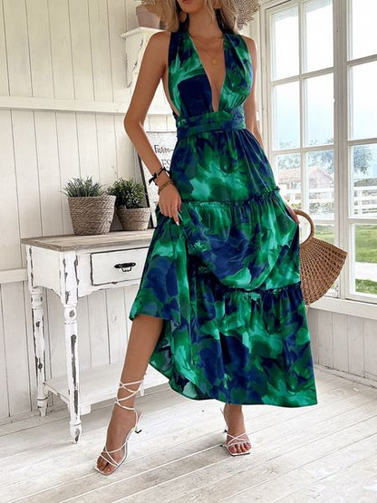 Women's Tie Dye Printed V Neck Backless Cami Dress Sleeveless Maxi Dress HWA5LMWA49