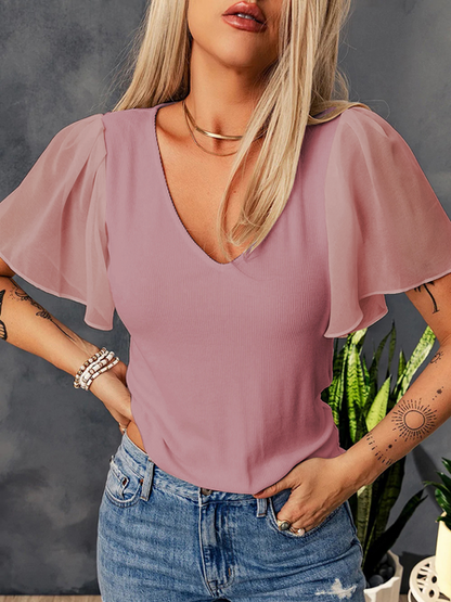 Threaded Knitted V-Neck Batwing T-Shirt