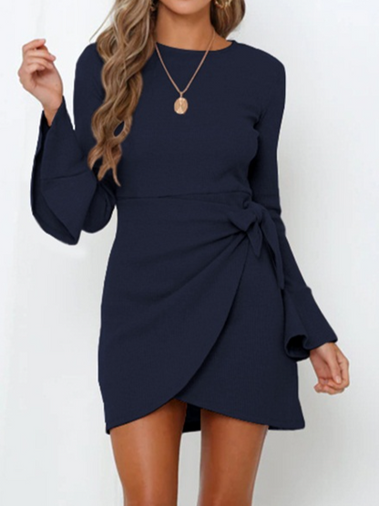 Women's 2024 Flared Long Sleeve Slim Bow Dress Mini Dresses