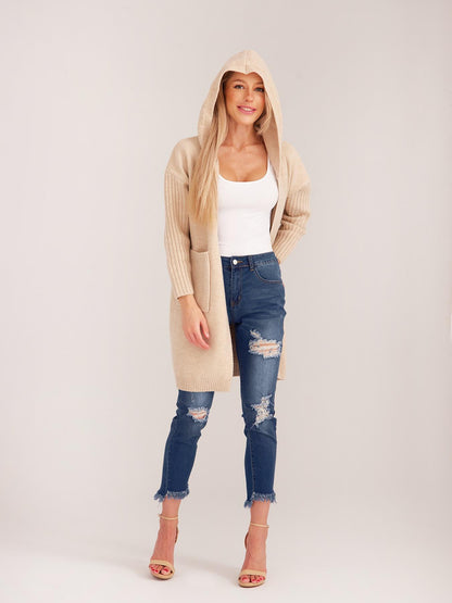 Women's Open Front Long Sleeve Lightweight Hooded Cardigan Coat