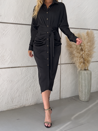 Women's Stylish Pleated Shirt Dress With Waist Band Long Dresses