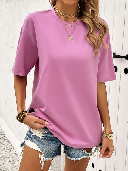 Women's Letter Print Round Neck Solid Short Sleeve T-shirt H8R7YBF9Y8