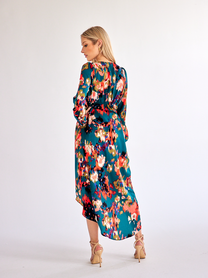 Printed V-neck Lantern Sleeve Wrap Dress