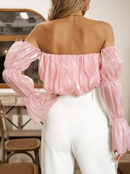 Women's Off Shoulder Cropped Ruffled Blouse Bubble Layered Sleeve HU2YK3WFKC