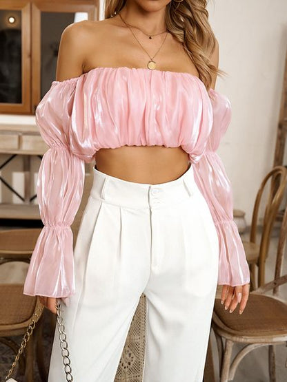 Women's Off Shoulder Cropped Ruffled Blouse Bubble Layered Sleeve HU2YK3WFKC