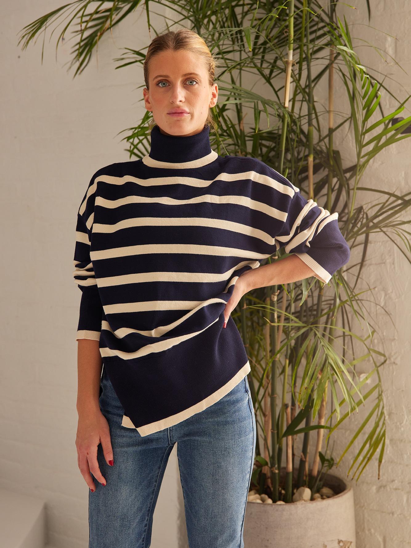 Women's Striped Turtleneck Side-slit Sweater