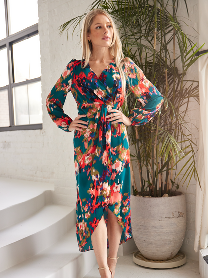 Printed V-neck Lantern Sleeve Wrap Dress