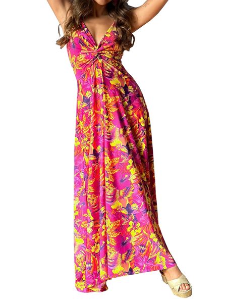 V-neck Boho Print Sleeveless Large Hem Maxi Dress HEDZRES2M8