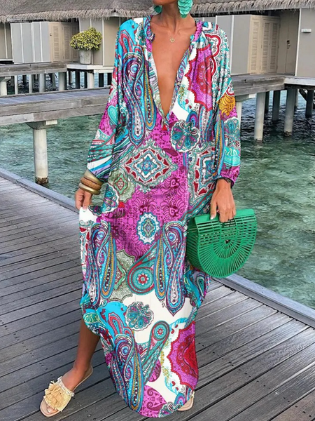 V-Neck Loose Long Sleeve Print Dress HFLH4C99BL