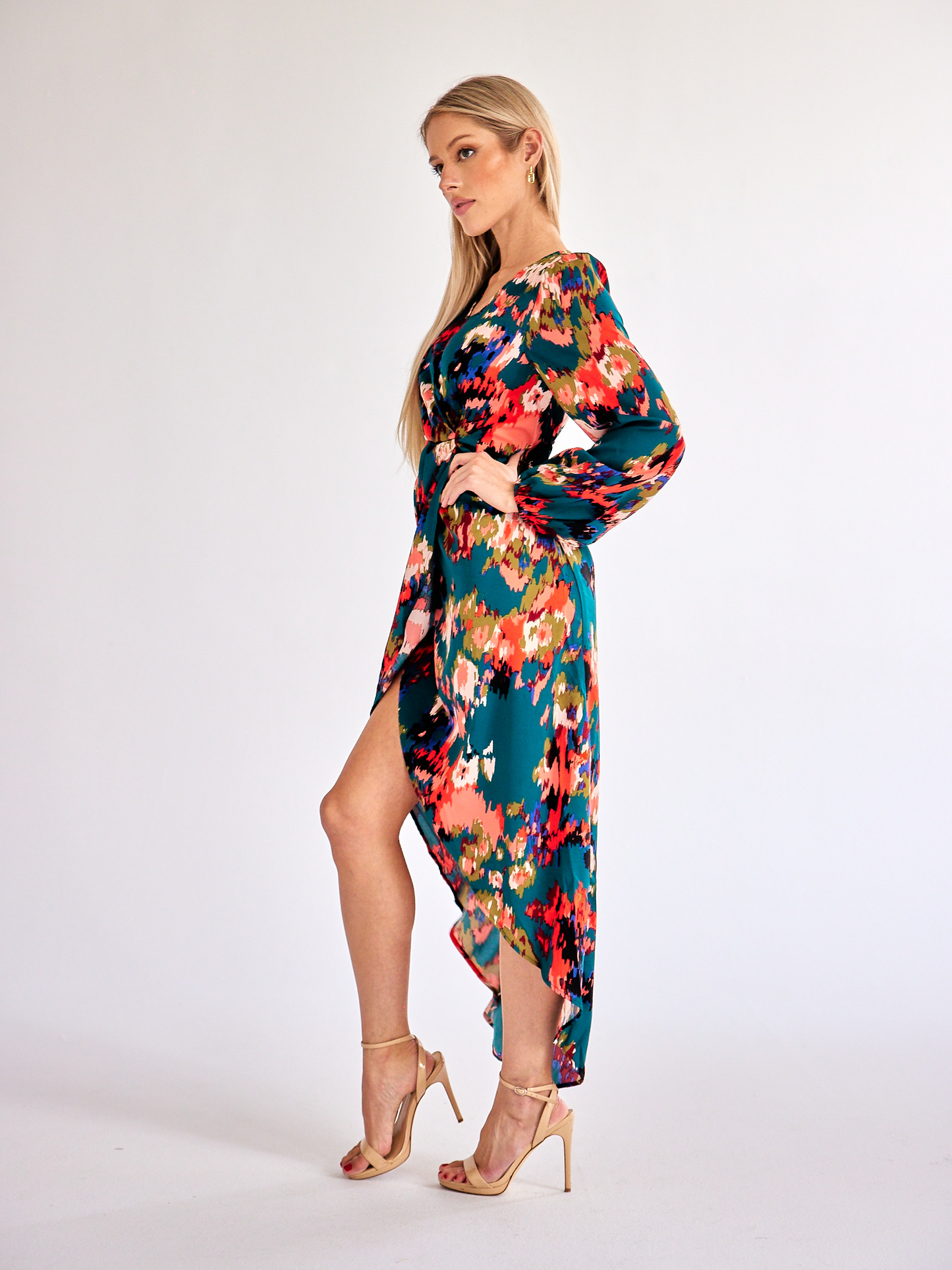 Printed V-neck Lantern Sleeve Wrap Dress