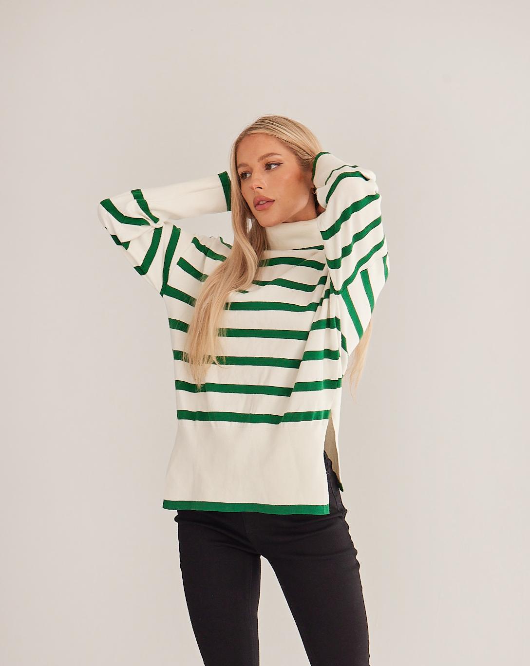 Women's Striped Turtleneck Side-slit Sweater