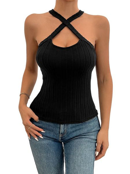 Women's Solid Color Ribbed Top Sleeveless Shirts Summer Casual Cami Crisscross Halter Top 
 H5KUK9FHK9