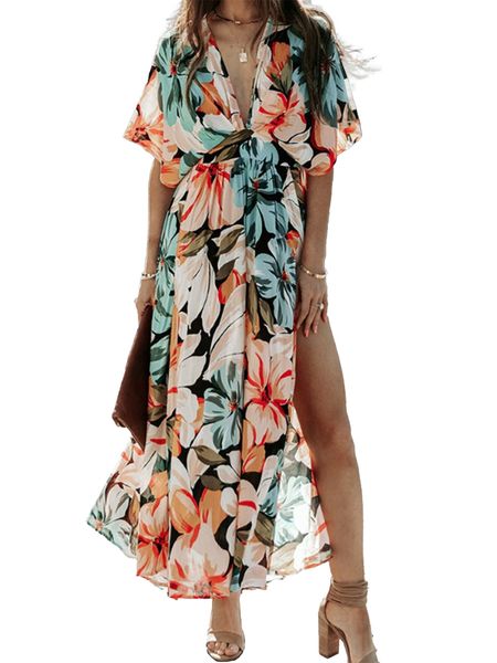 Floral Print V-neck High Slit Half Sleeve Shirred Maxi Dress HEDRPPCRC9