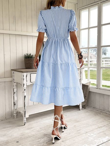 Women's Striped Dress Puff Short Sleeve Ruffle Hem Midi Dress Summer  Dress  
 HWHA6857U7