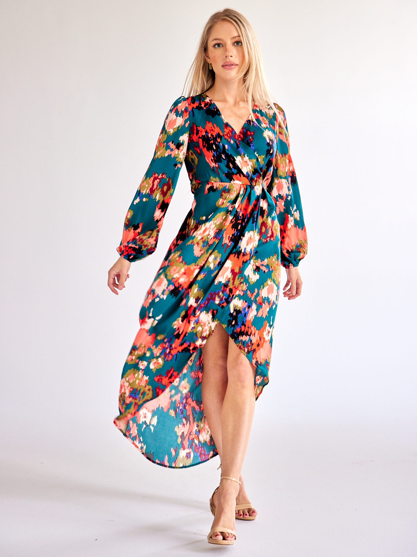 Printed V-neck Lantern Sleeve Wrap Dress