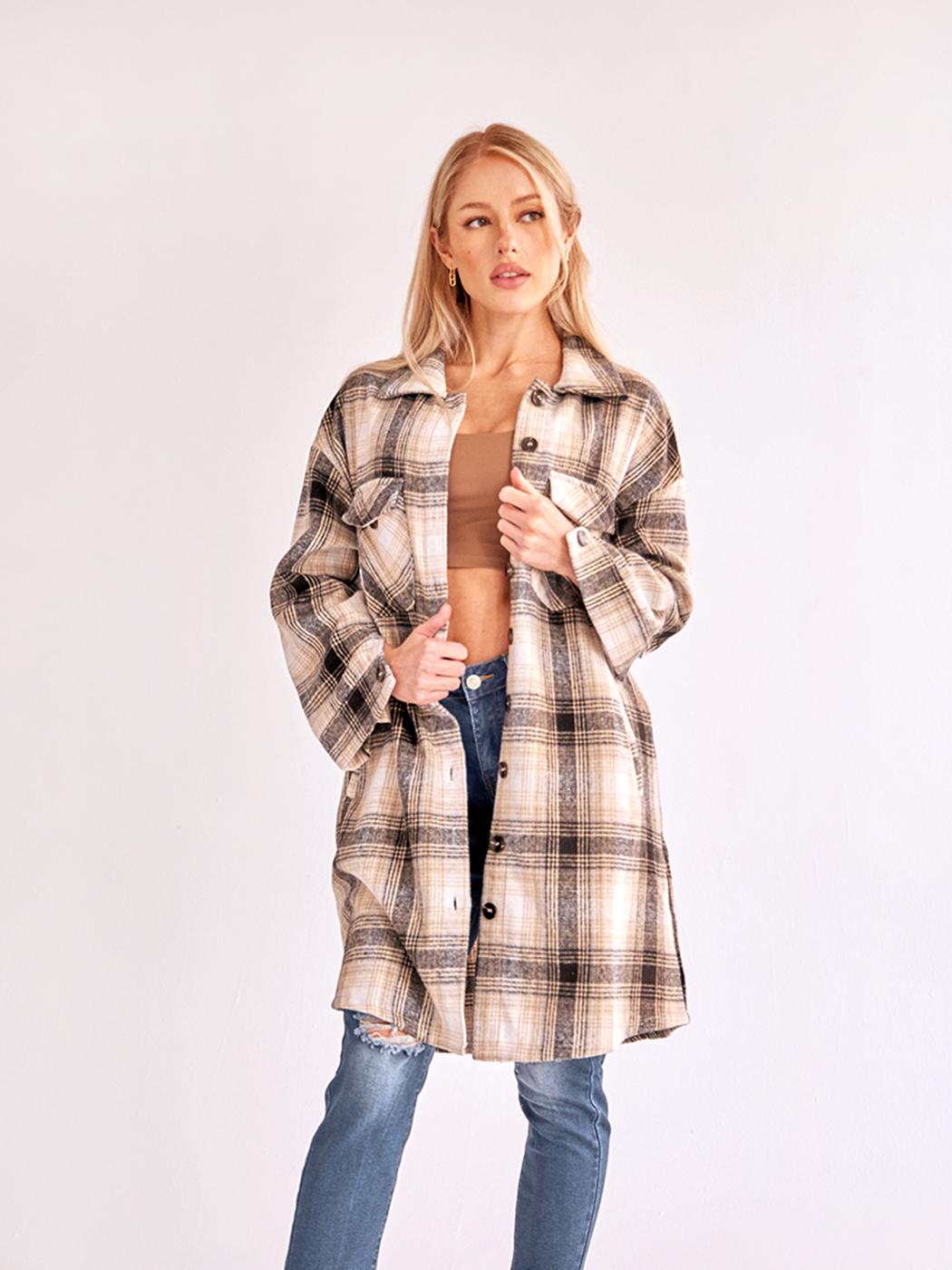 Women's Retro Plaid Long Cardigan Shirt Jacket Coats for Women