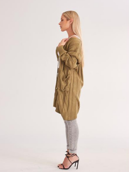 Women's Long Cardigan Cable Knitted Sweater