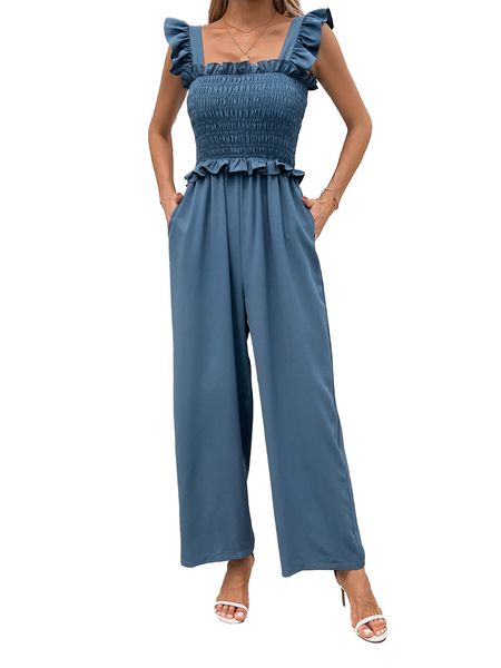 Women‘s Square Neck Ruffled Straps Smocked Wide-Leg Jumpsuit  H5KUK9FHY7