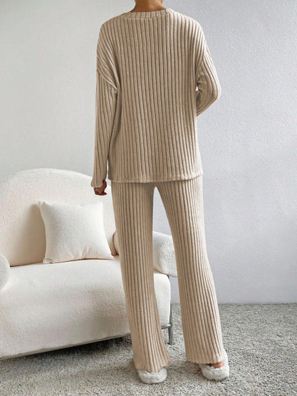 [SEVENISA] Women's Outfits Ribbed Soft Comfy Lounge Set Long Sleeve V Neck Knitted Pullover Top Wide Leg Pants Pajamas Set HSQ7E9PFZ6