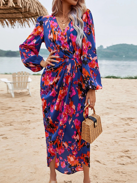 Printed V-neck Lantern Sleeve Wrap Dress