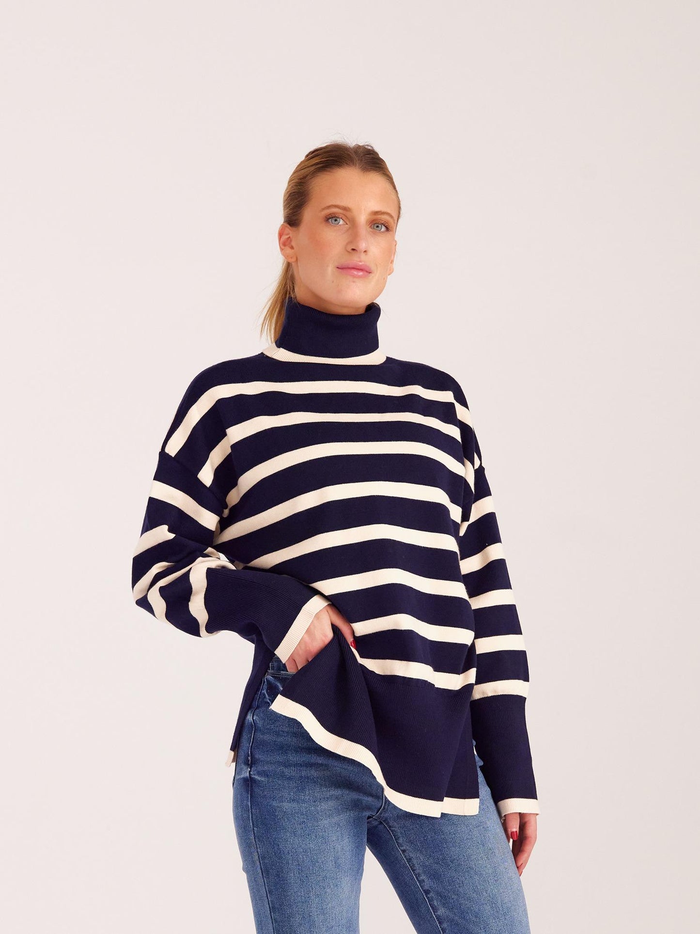 Women's Striped Turtleneck Side-slit Sweater