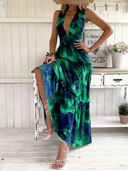 Women's Tie Dye Printed V Neck Backless Cami Dress Sleeveless Maxi Dress HWA5LMWA49