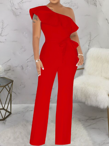 One Shoulder Ruffled Jumpsuit With Belt HWFUCLBRBX