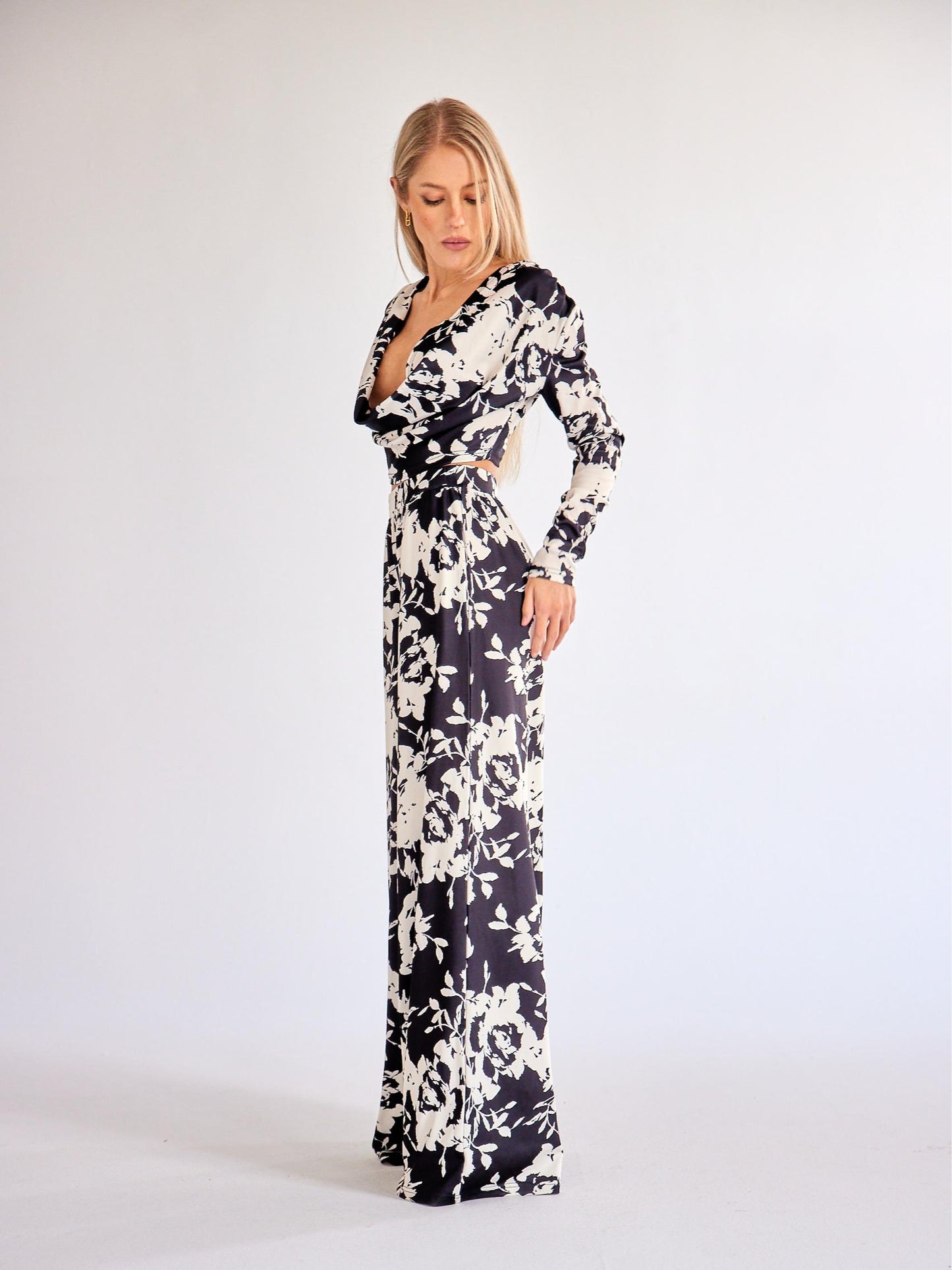 Spring 2024 new Long-Sleeved deep V color Printed two piece set